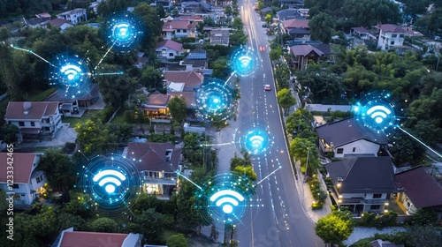 Aerial View of a Connected Smart City with Wi-Fi Signals overlayed on a suburban neighborhood