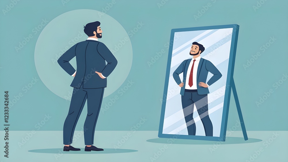 Confident Reflection – Businessman Seeing His Successful Future Self in the Mirror Confident Reflection – Businessman Seeing His Successful Future Self in the Mirror