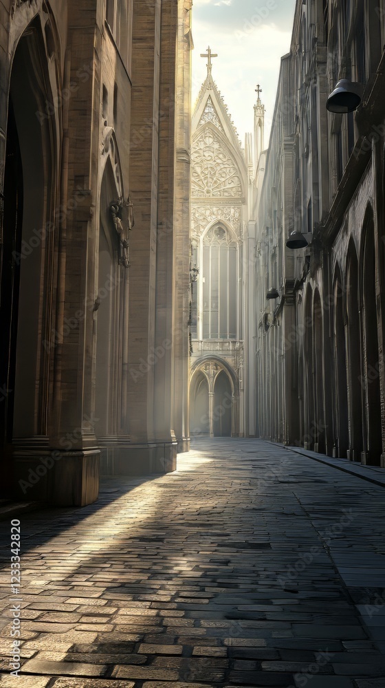 Obraz premium Sunlit cobblestone alley towards church