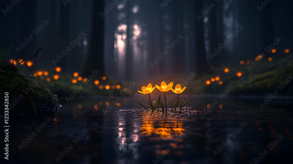 Fototapeta premium Glowing flowers in dark forest stream