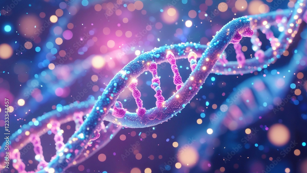 DNA helix with glowing particles, vibrant colors, blue and pink gradient background, genetic science, microscopic view, 3D render, biotechnology concept. DNA helix with glowing particles, vibrant colors, blue and pink gradient background, genetic science, microscopic view, 3D render, biotechnology concept.