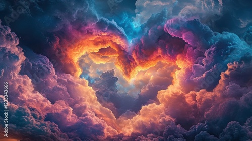 A beautiful heart shape made of colorful clouds in sky for Valentine’s Day greeting card design.