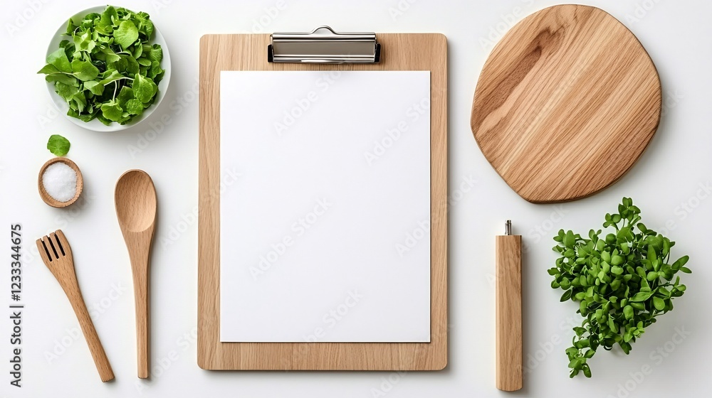 Mockup advertisement concept. Minimalist kitchen setup featuring a clipboard, wooden utensils, and fresh greens on a white background.