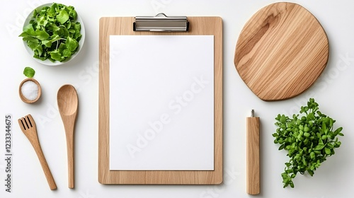 Obraz na płótnie Mockup advertisement concept. Minimalist kitchen setup featuring a clipboard, wooden utensils, and fresh greens on a white background. w salonie