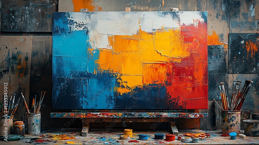 Vibrant Abstract Painting on Easel Surrounded by Art Supplies in a Creative Studio Vibrant Abstract Painting on Easel Surrounded by Art Supplies in a Creative Studio