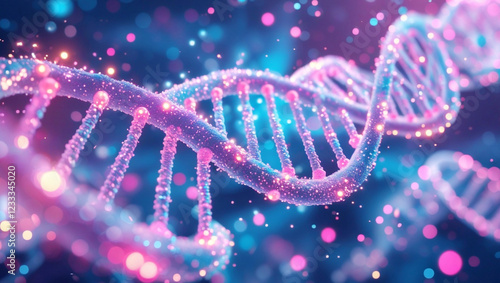 DNA helix with glowing particles, vibrant colors, blue and pink gradient background, genetic science, microscopic view, 3D render, biotechnology concept.