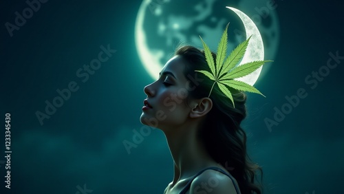 Selene with a glowing cannabis crescent moon on her forehead, illuminating the night sky, symbolizing the divine connection between nature, the cosmos, and tranquility.