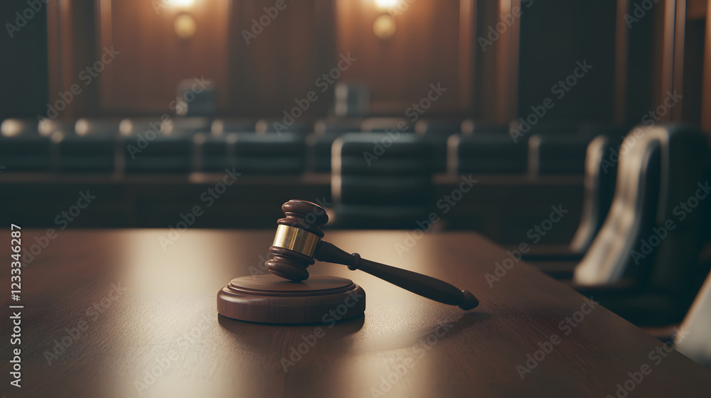 Empty courtroom with dramatic lighting focusing on the judge's bench, symbolizing law, justice, and the solemn atmosphere of the judicial system.
Empty courtroom with dramatic lighting focusing on the judge's bench, symbolizing law, justice, and the solemn atmosphere of the judicial system.