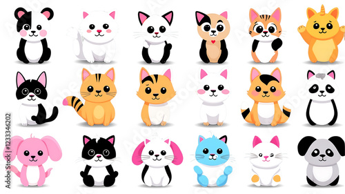 set of animals, Charming and cute animal with big eyes and playful demeanor isolated on a clean PNG background, ideal for pet-related designs, nature illustrations, and heartwarming visual content