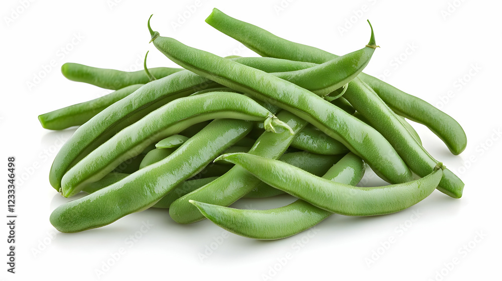 Fresh green beans, healthy harvest, white background, food photography, recipe website Fresh green beans, healthy harvest, white background, food photography, recipe website