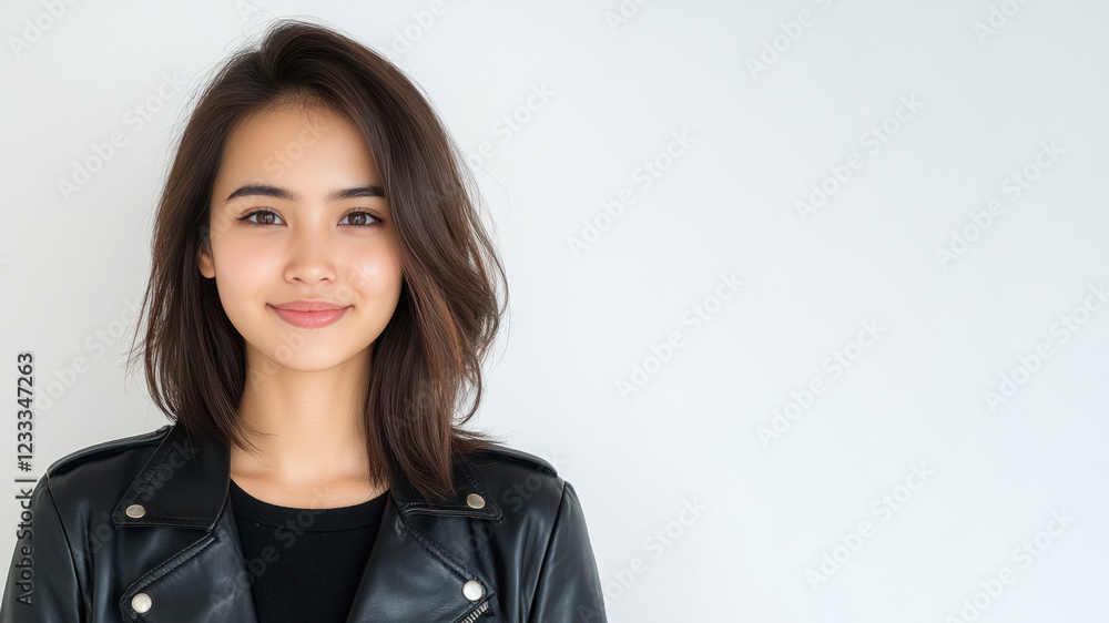 Malay happy woman wearing black leather jacket smiling isolated on white background Malay happy woman wearing black leather jacket smiling isolated on white background
