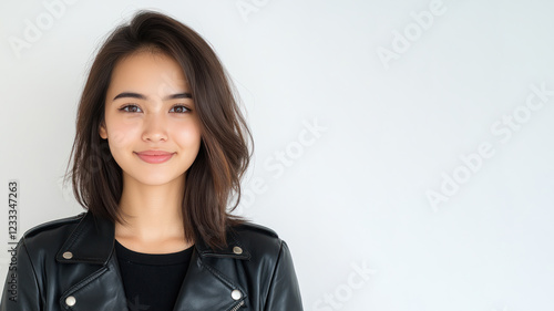 Malay happy woman wearing black leather jacket smiling isolated on white background