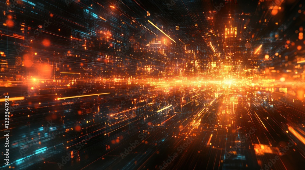 Abstract digital data stream, futuristic city, technology background, website header Abstract digital data stream, futuristic city, technology background, website header