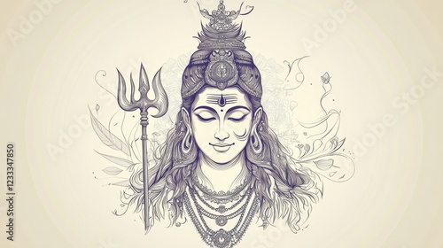 4.An intricate line art vector design of Aadi Yogi Mahadev, capturing the peaceful and powerful aura of Lord Shiva. The design includes detailed elements such as the trident, the Ganga flowing from photo