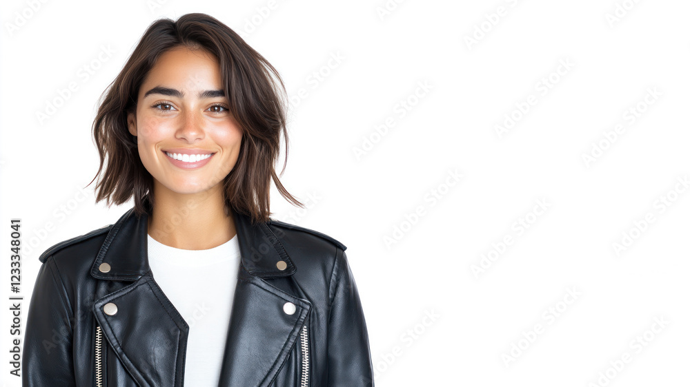 Hispanic happy woman wearing black leather jacket smiling isolated on white background Hispanic happy woman wearing black leather jacket smiling isolated on white background