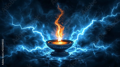 8.A captivating vector design of Chirathu lightning with an oil lamp (Vilakku) at the center, surrounded by powerful lightning strikes. The lamp is detailed, with the flame shining brightly amidst photo