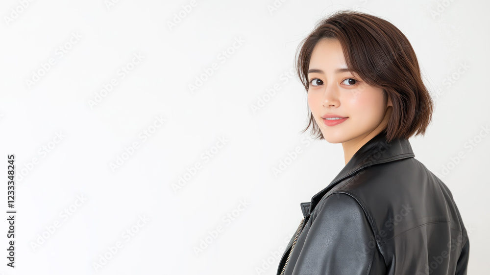 Chinese happy woman wearing black leather jacket smiling isolated on white background Chinese happy woman wearing black leather jacket smiling isolated on white background