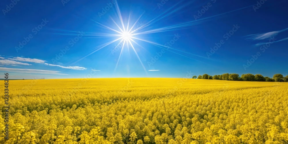 Fototapeta premium Vibrant yellow starburst fields under a clear blue sky, yellow, starburst, fields, vibrant, colorful, nature, landscape