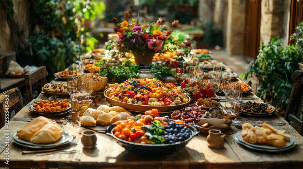 Fototapeta premium A Long Wooden Table Is Laden With A Bountiful Feast Of Colorful Foods, Creating A Vibrant And Inviting Scene.