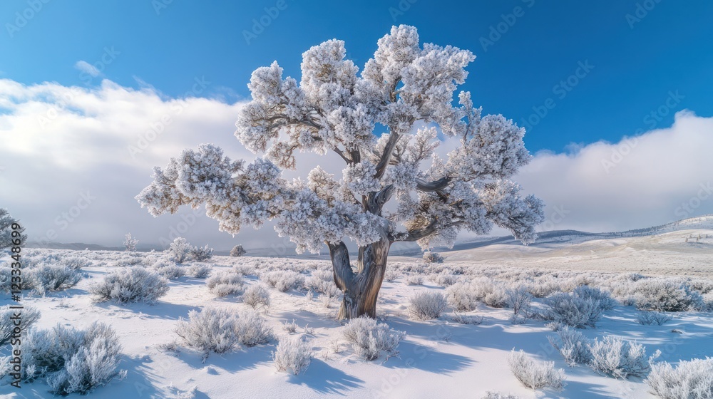 Frosty tree in snowy landscape, winter scene, nature background, for winter cards Frosty tree in snowy landscape, winter scene, nature background, for winter cards