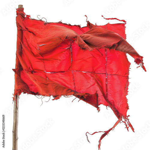 The torn red flag. Torn fabric isolated on transparent background