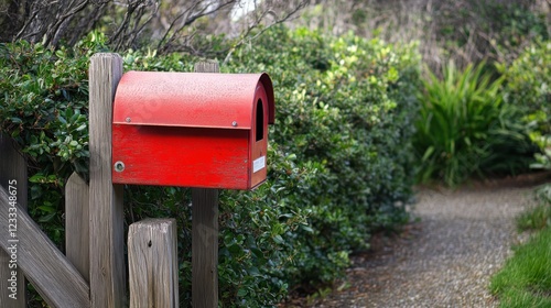 A red mailbox beside a gravel path and lush greenery. photo