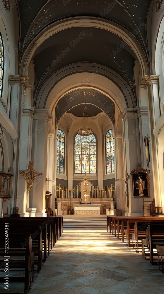 Serene church interior bathed in sunlight Serene church interior bathed in sunlight