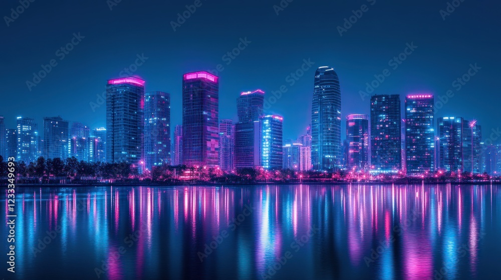 Vibrant city skyline at night with colorful reflections in water. Vibrant city skyline at night with colorful reflections in water.