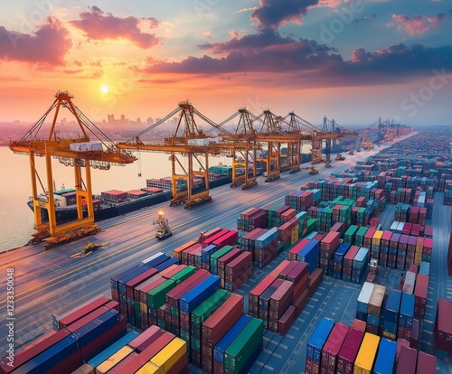 Cargo containers and cranes at a busy port symbolize global trade and logistics
