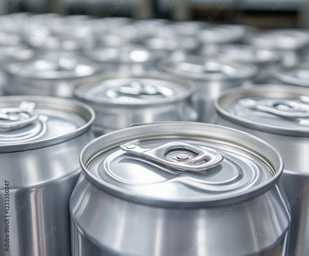 Close-up of aluminum cans, symbolizing mass production in the food industry Close-up of aluminum cans, symbolizing mass production in the food industry