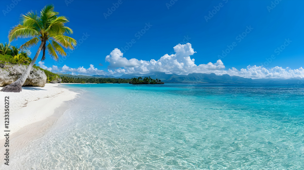 Fototapeta premium Tropical beach paradise Palm tree, white sand, turquoise water, island background, vacation travel