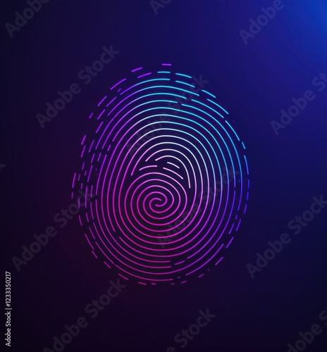 Bright neon fingerprint swirl illuminated on dark blue gradient background 