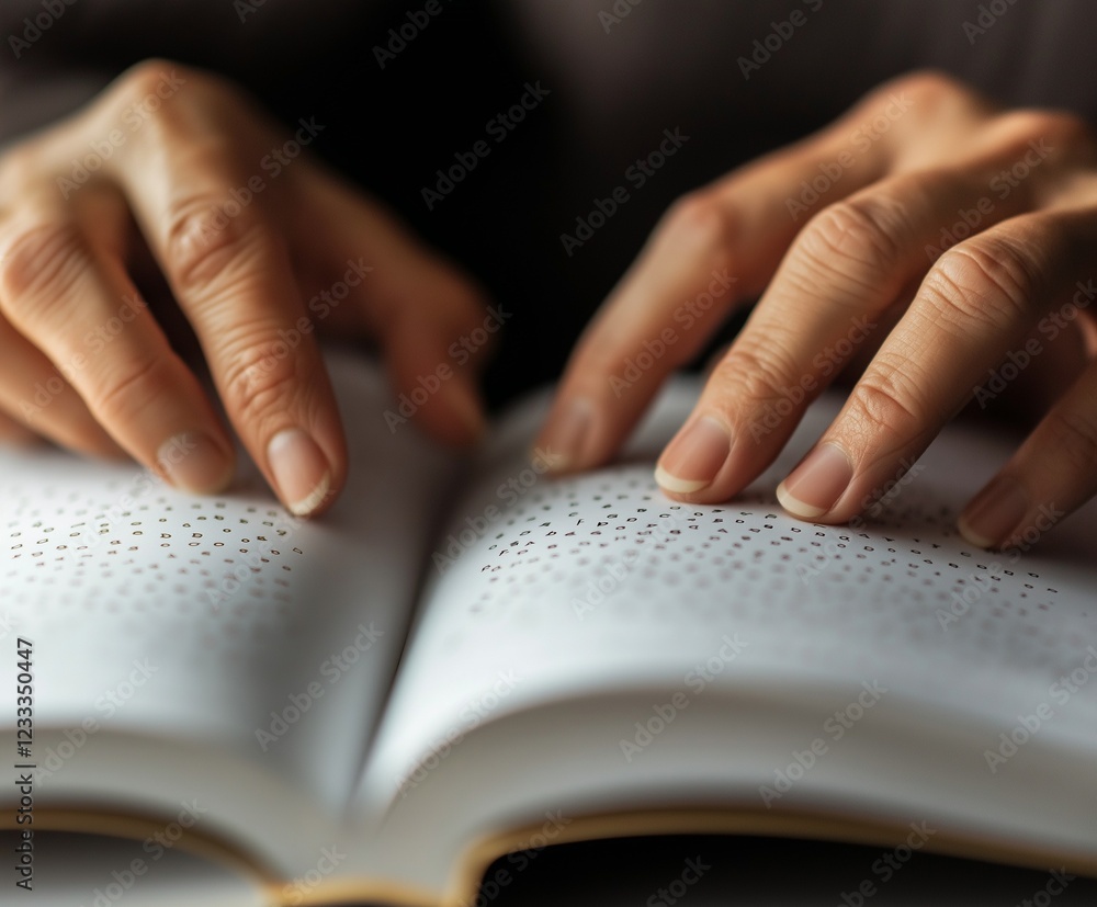 Close-up of hands reading a braille book, symbolizing accessibility and literacy Close-up of hands reading a braille book, symbolizing accessibility and literacy