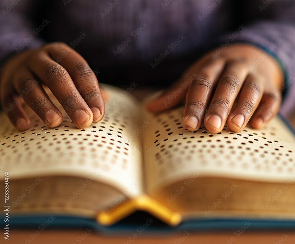 Close-up of hands reading a braille book, symbolizing accessibility and literacy Close-up of hands reading a braille book, symbolizing accessibility and literacy