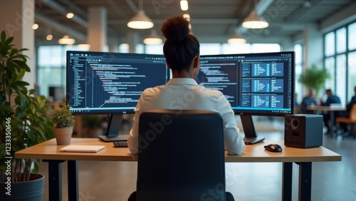 The image shows a woman sitting at a desk in an office, working on two computer monitors. She is wearing a white shirt and has her hair tied up in a bun.