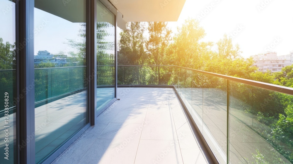 Fototapeta premium A contemporary balcony with a glass railing allowing uninterrupted sunlight.
