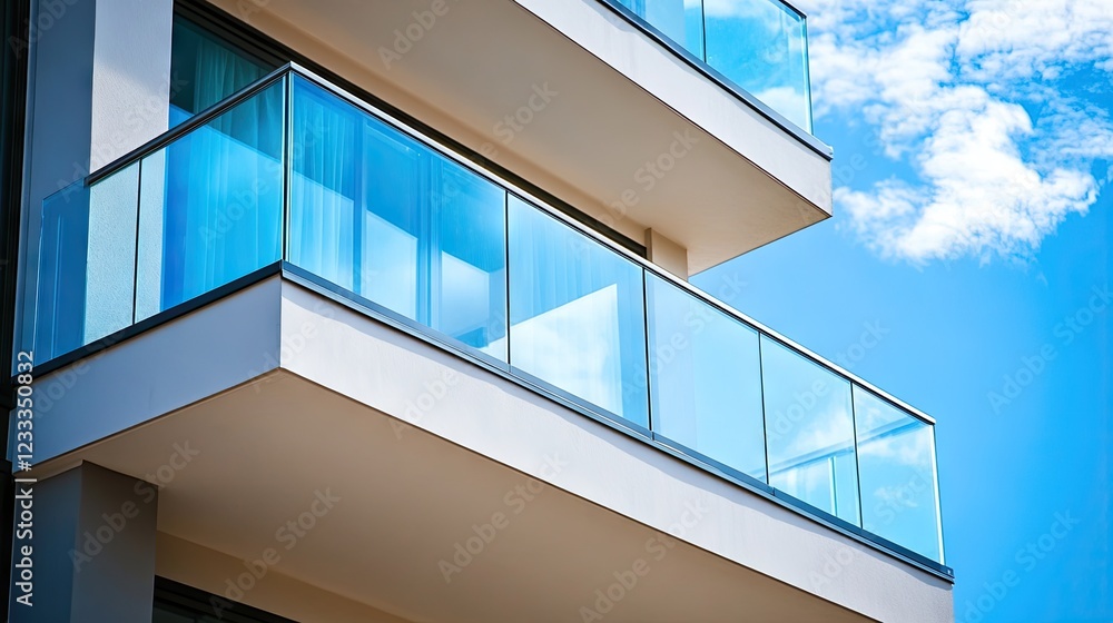 A contemporary balcony with a glass railing allowing uninterrupted sunlight. A contemporary balcony with a glass railing allowing uninterrupted sunlight.
