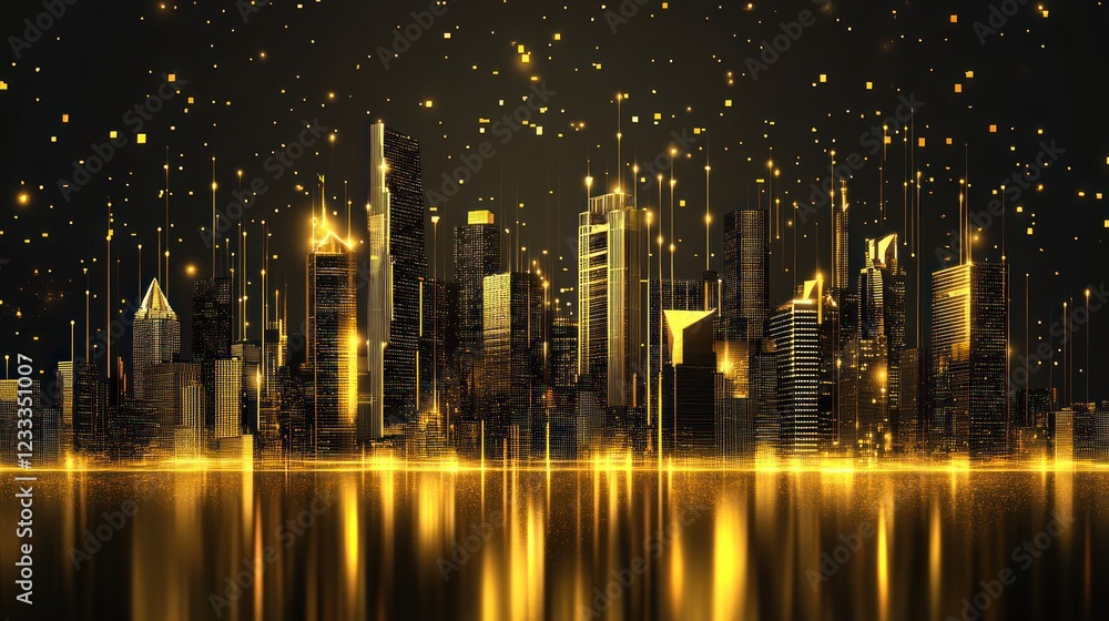 A glowing city skyline reflected on water, filled with golden lights. A glowing city skyline reflected on water, filled with golden lights.