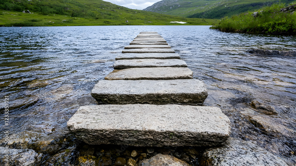 Stone path across lake, mountains background, tranquil scene, travel imagery Stone path across lake, mountains background, tranquil scene, travel imagery