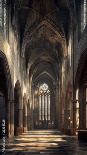 Sunlit Gothic cathedral nave