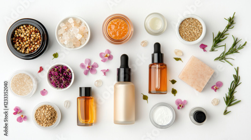 Natural skincare products arranged aesthetically with herbs and flowers