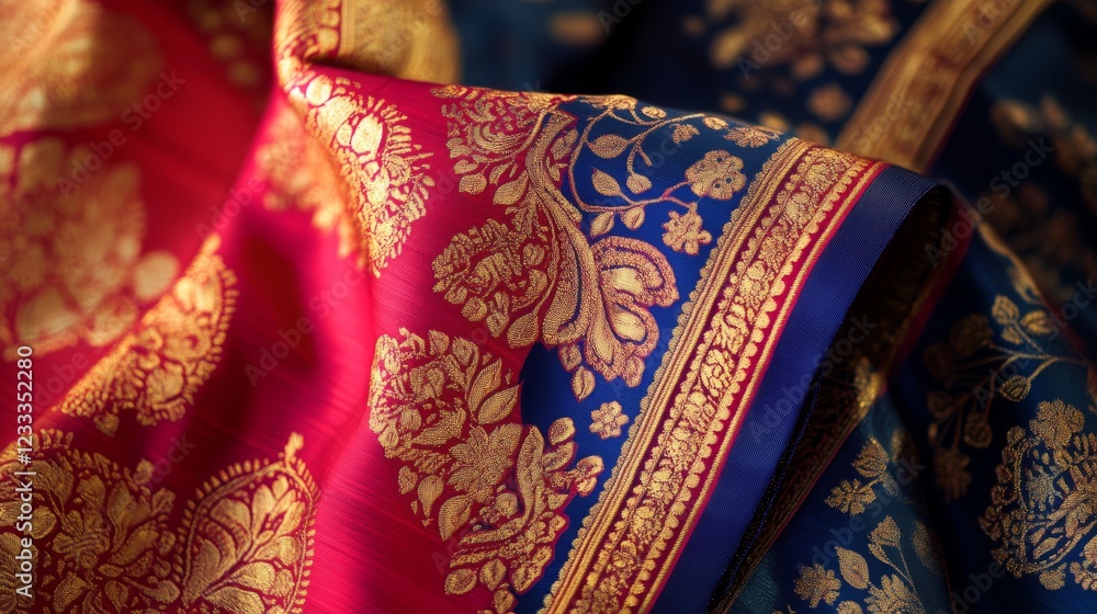 66.A beautifully detailed graphic design of an Indian saree, featuring vibrant floral and geometric patterns in rich tones of red, gold, and royal blue. The intricate designs weave together paisley 66.A beautifully detailed graphic design of an Indian saree, featuring vibrant floral and geometric patterns in rich tones of red, gold, and royal blue. The intricate designs weave together paisley