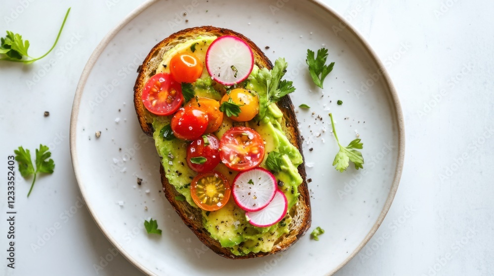 A vibrant avocado toast topped with cherry tomatoes, radish slices, and a sprinkle of sea salt A vibrant avocado toast topped with cherry tomatoes, radish slices, and a sprinkle of sea salt