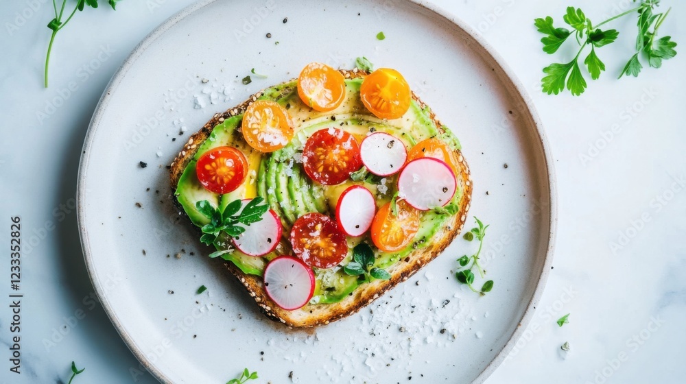 A vibrant avocado toast topped with cherry tomatoes, radish slices, and a sprinkle of sea salt A vibrant avocado toast topped with cherry tomatoes, radish slices, and a sprinkle of sea salt