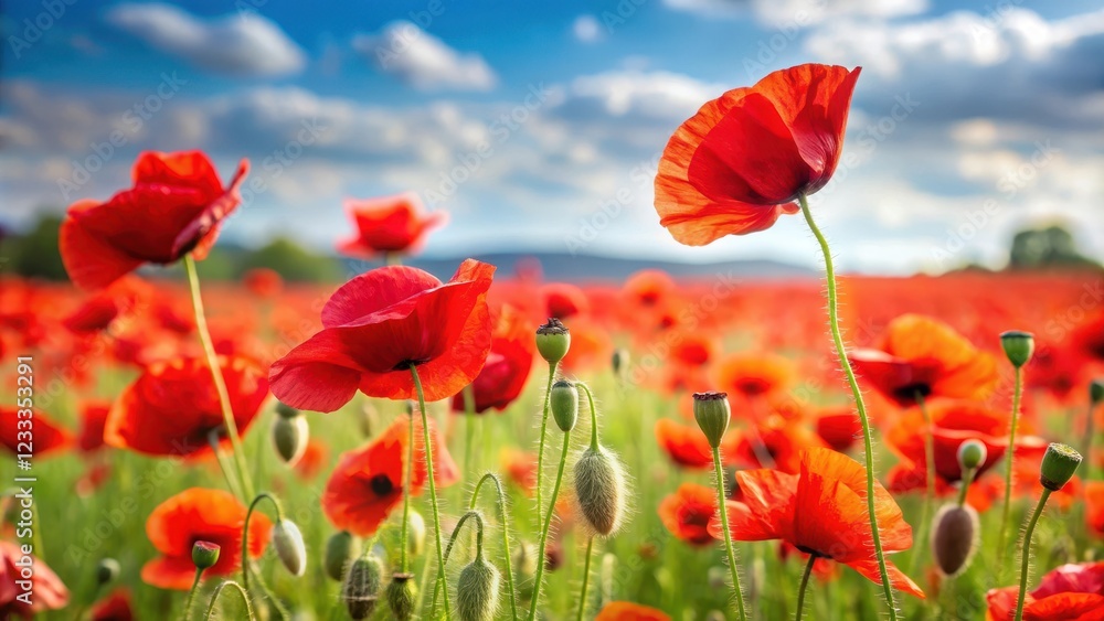 Naklejka premium Field of red poppies swaying in the breeze , nature, flowers, poppy, bright, vibrant, field, red, petal, bloom, summer