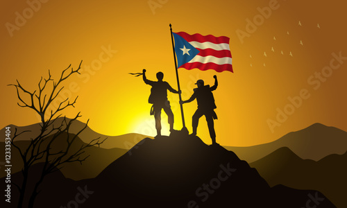 Puerto Rico flag, silhouette of two climbers holding a flag at sunset over the mountain