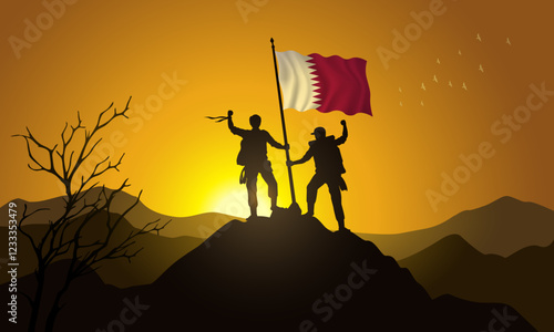 Qatar flag, silhouette of two climbers holding a flag at sunset over the mountain