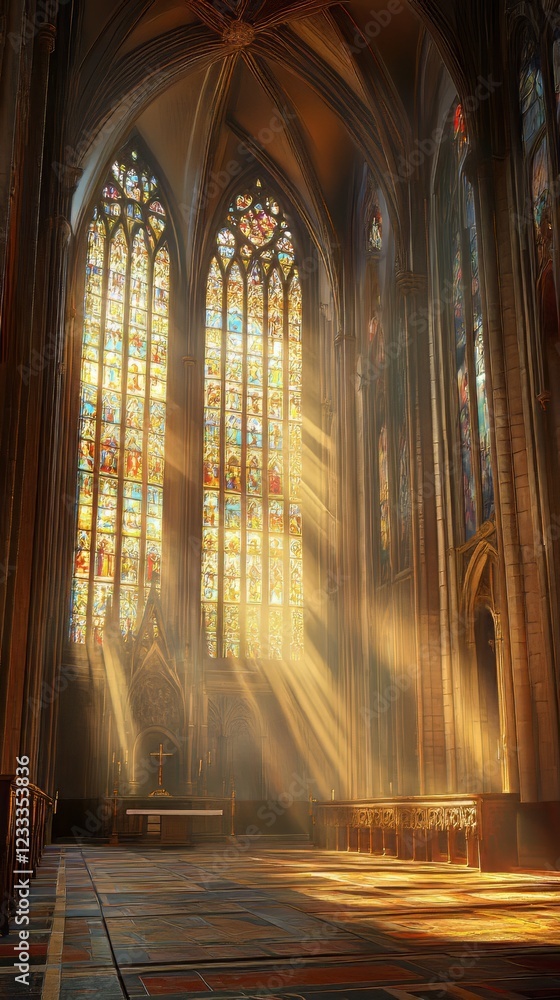 Sunbeams illuminate a cathedral's altar. Sunbeams illuminate a cathedral's altar.