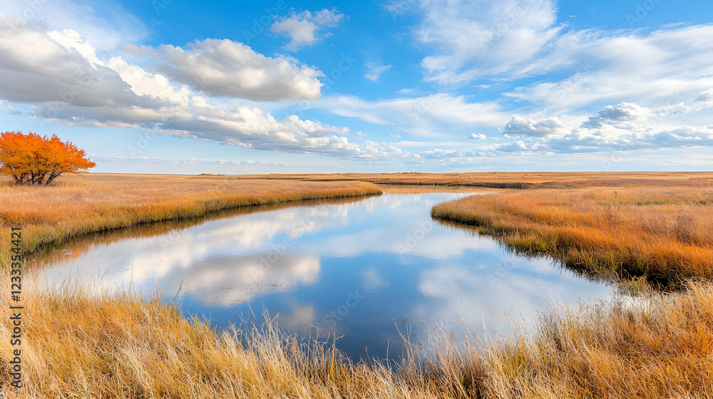 Autumnal prairie stream reflection, scenic landscape, travel photography Autumnal prairie stream reflection, scenic landscape, travel photography