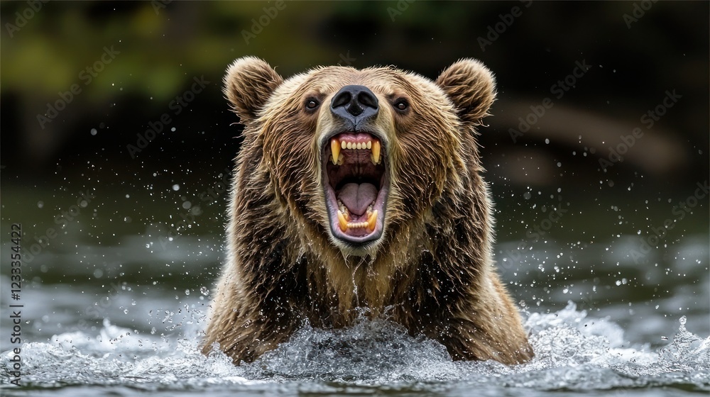 Brown bear roaring in river, wildlife nature image Brown bear roaring in river, wildlife nature image